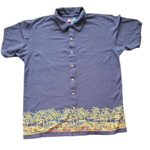 Vintage Chaps‎ Shirt Navy Blue Tropical Palm Floral Hawaiian Print Button (1044)